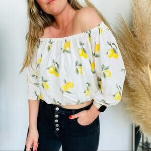 F21 FOREVER 21 White Yellow Lemon Print Off The Shoulder Blouse Shirt Crop Top L